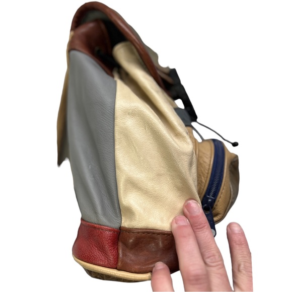 VTG 90's Gray Brown Cream Red Leather Mini Backpack with Zipper Straps - Picture 3 of 16